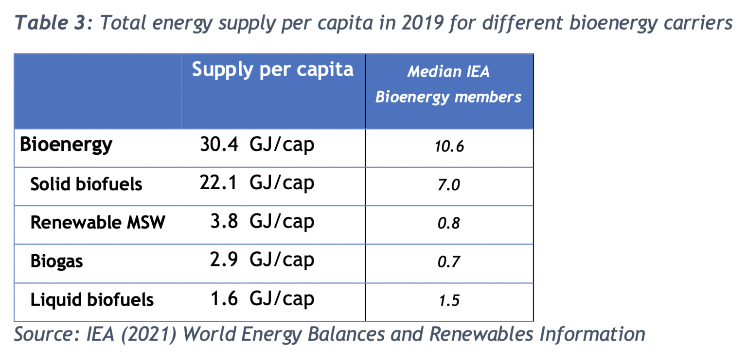 Total energy supply per capita in 2019 for different bioenergy carriers
