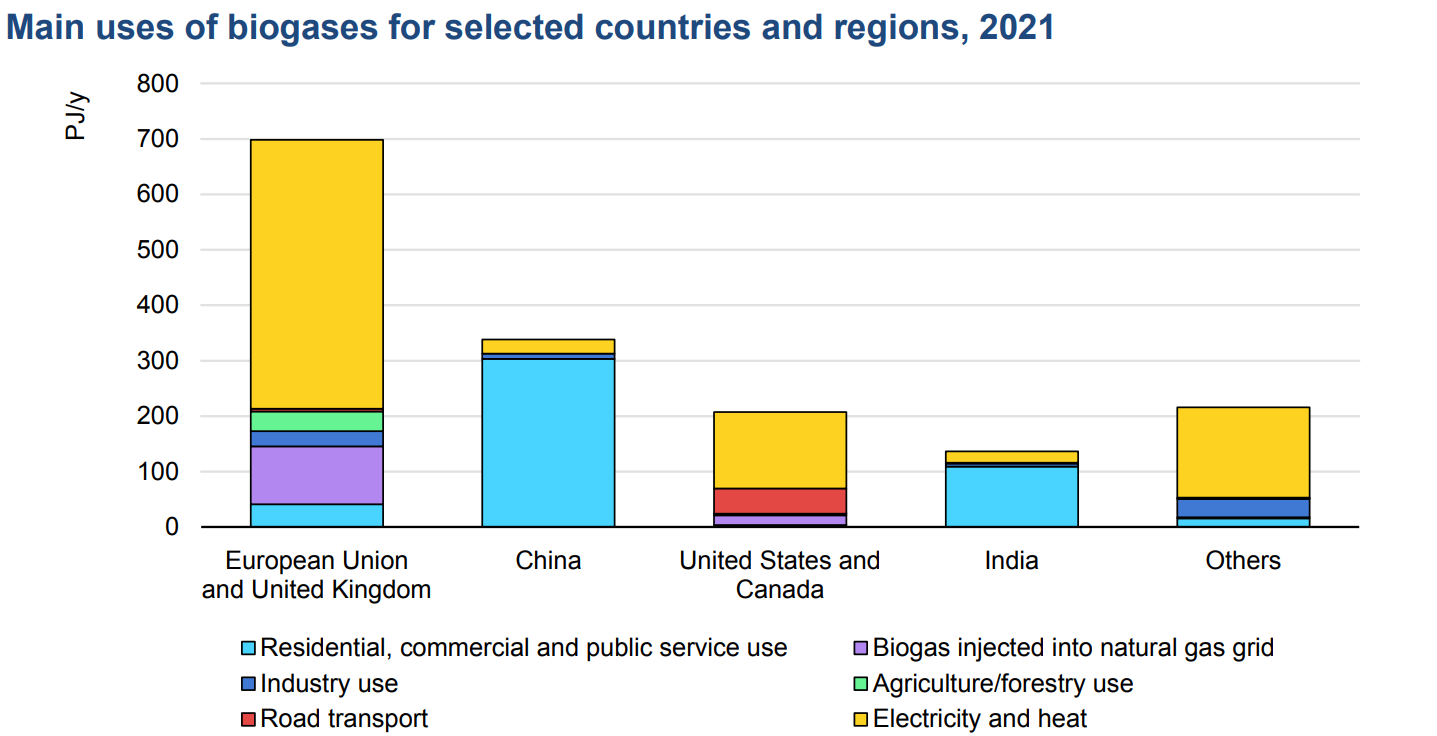 Основні напрямки використання біогазу у деяких країнах і регіонах світу у 2021