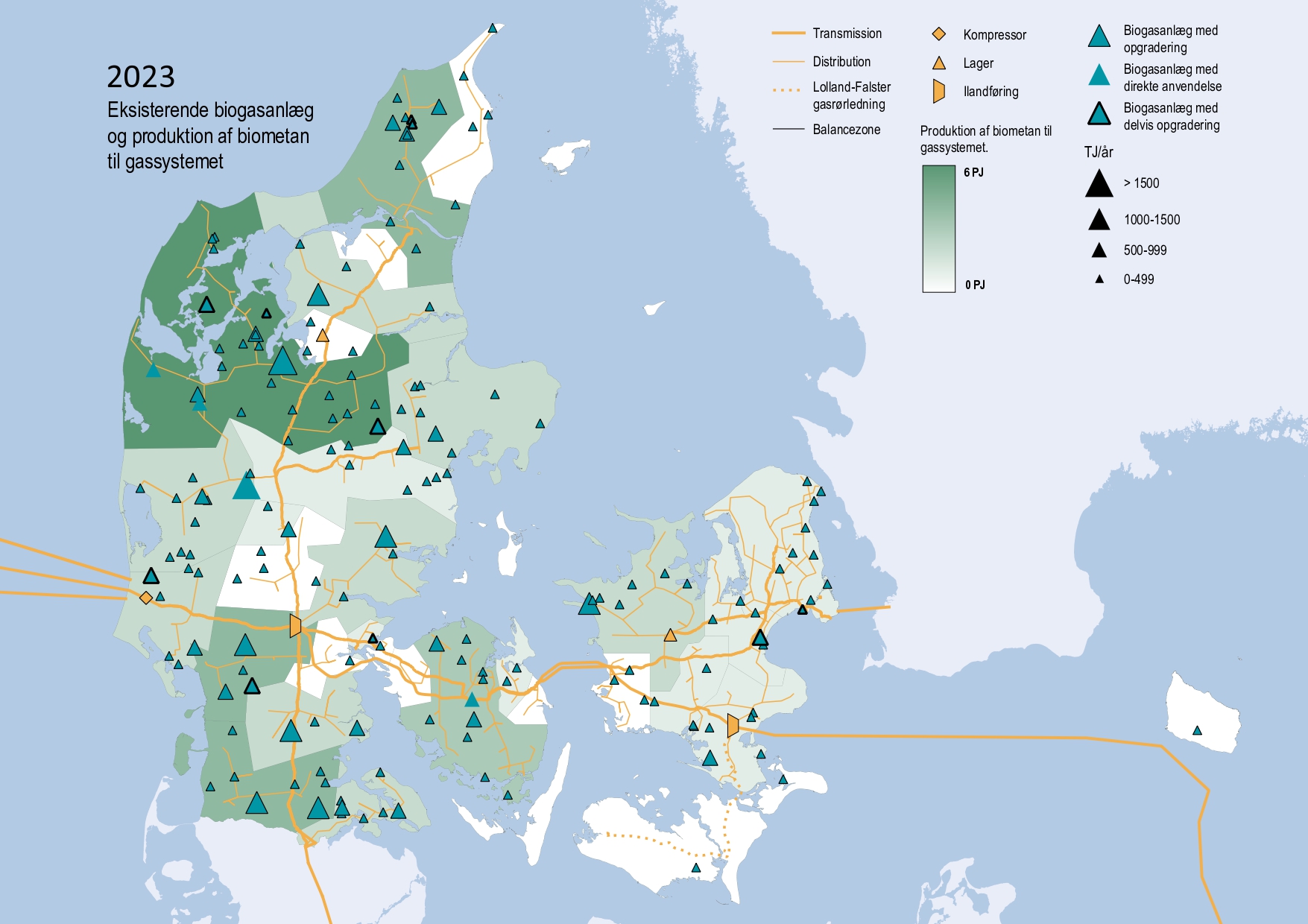 a map showing the location, plant type and approximate production capacity of Danish biogas plants