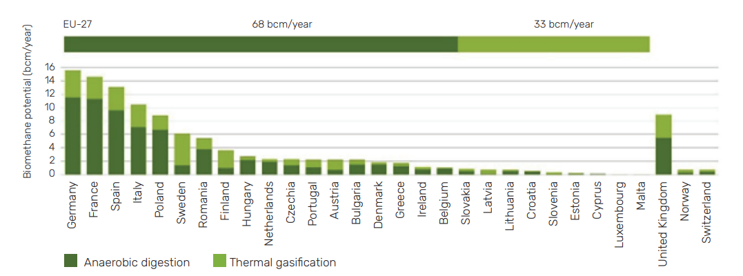 Biomethane potential (bcm/year) in 2040 per country and technology.
