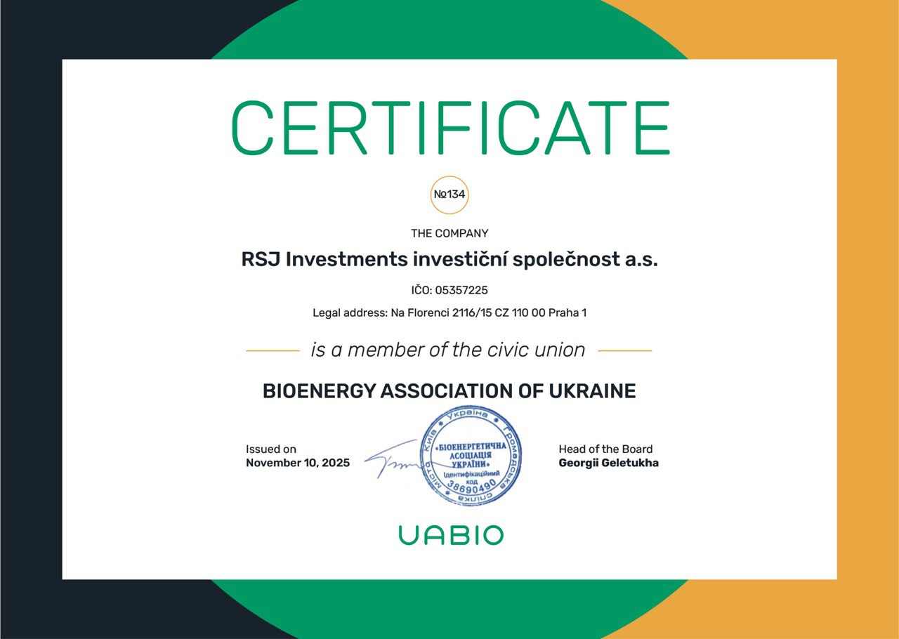 Сертифікат про членство чеської компанії RSJ Investments у Біоенергетичній асоціації України