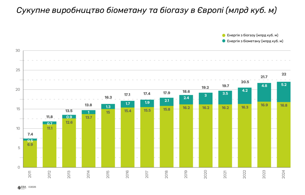 Звіт демонструє помірне зростання виробництва біогазу та біометану (22 млрд куб. м у 2024 році порівняно з 21,7 млрд куб. м у 2023 році)