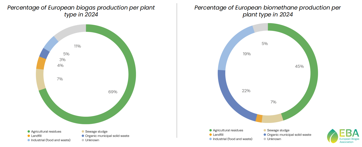 Відсоток виробництва біогазу та біометану в Європі за типами установок